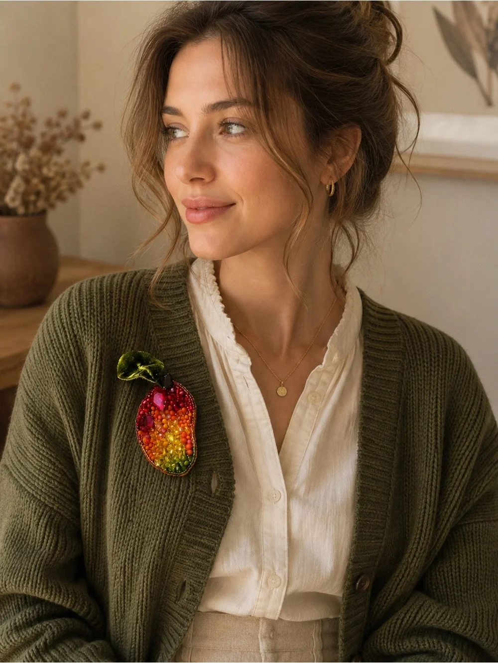 Beaded Mango Brooch Pin — Red Orange Yellow Green